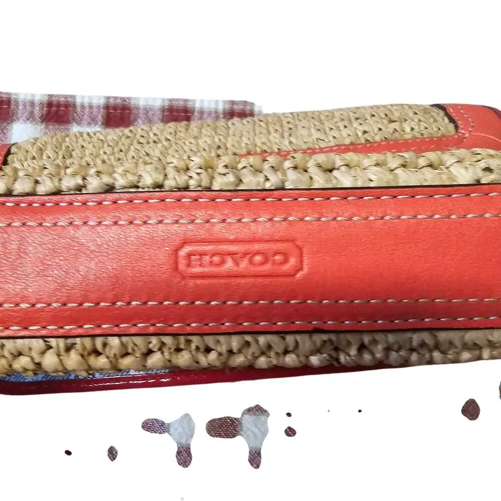 Coach Straw Rafia Flap Clutch Wristlet Natural/Tangerine